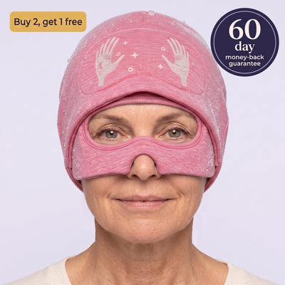 The Moonwraps migraine cap in pink, worn with the eye frame open